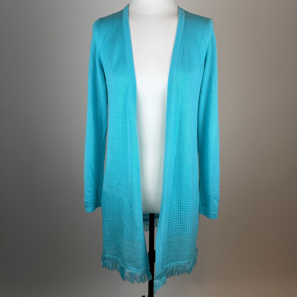 Talbots Blue Open Front Cardigan Sweater Duster Fringe Hem Crochet Womens Small